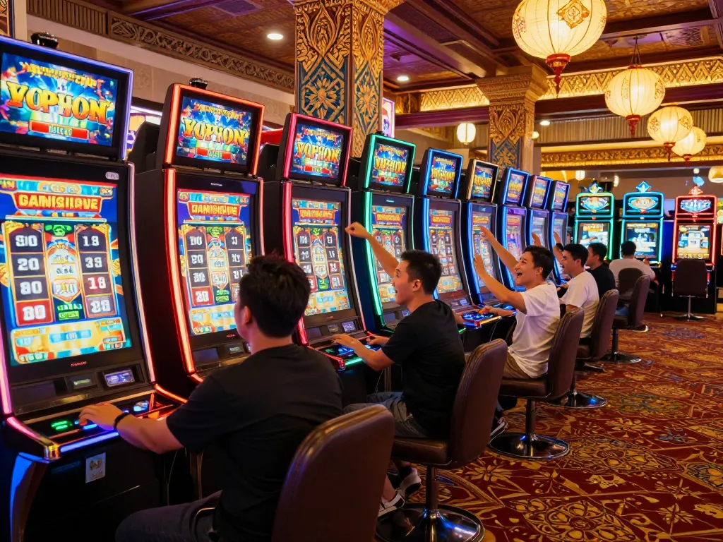 Players enjoying slot thailand games with excitement and vibrant expressions in a lively casino atmosphere