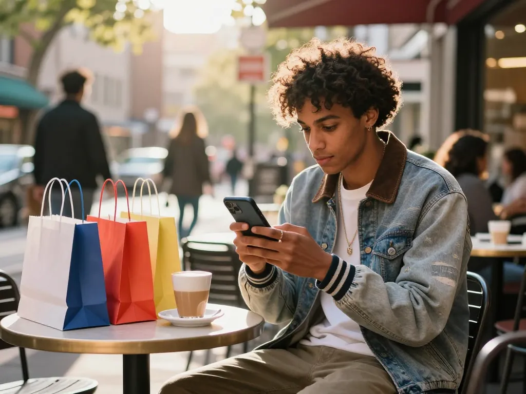Young person shopping for hubet 88 products at a trendy café in an urban setting.