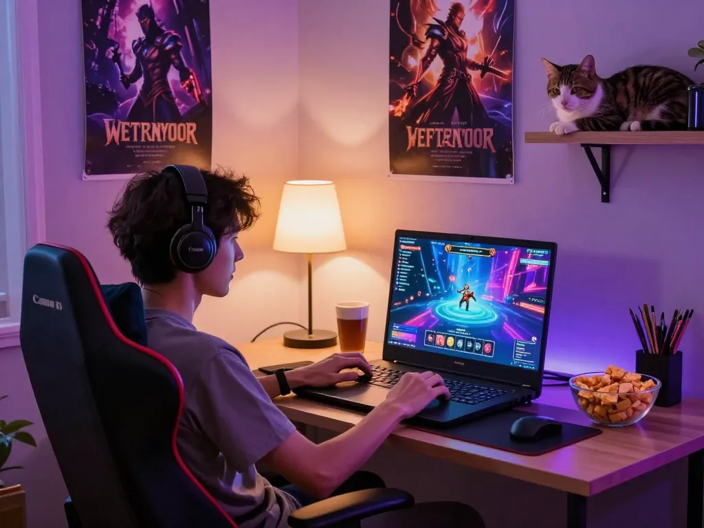 Engaging gamer enjoying online porn games in a cozy home setting with vibrant graphics.