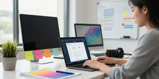 AI promotional emails generator in a bright office setting with marketing strategies and email templates.