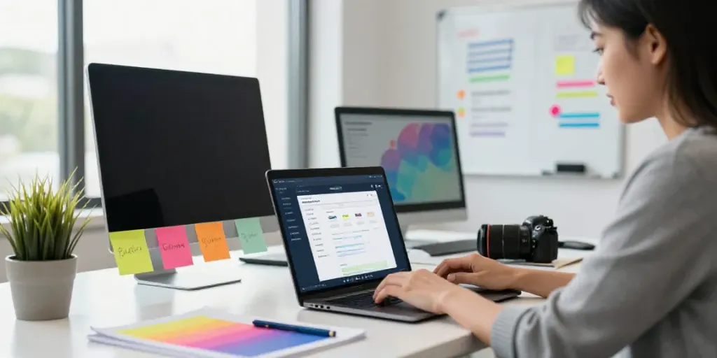 AI promotional emails generator in a bright office setting with marketing strategies and email templates.