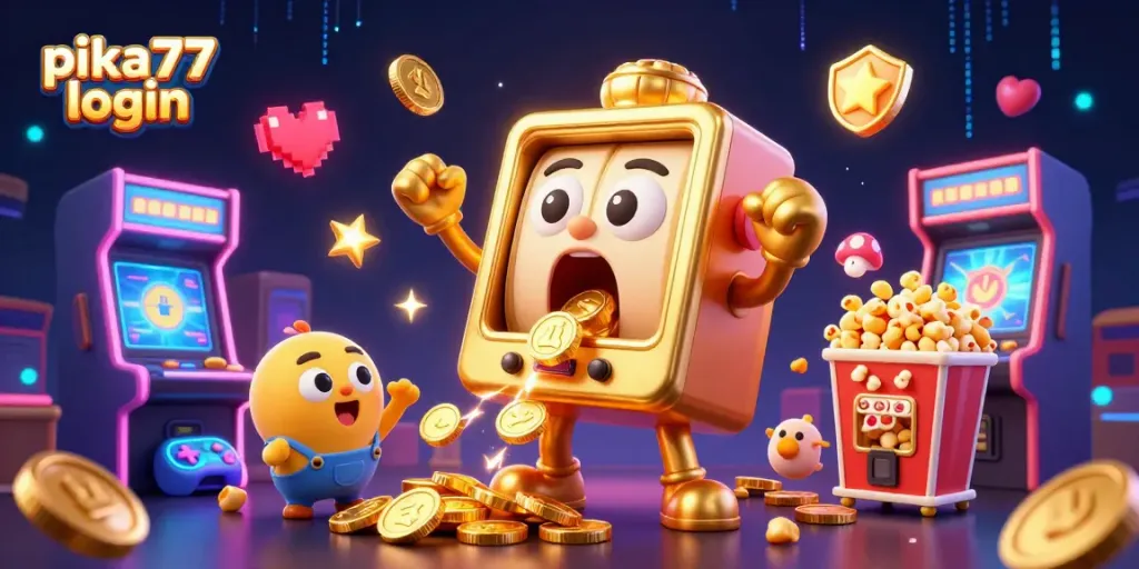 Engage with the thrilling world of pika77 login, where golden coins pour from a slot machine's mouth amid colorful arcade excitement.