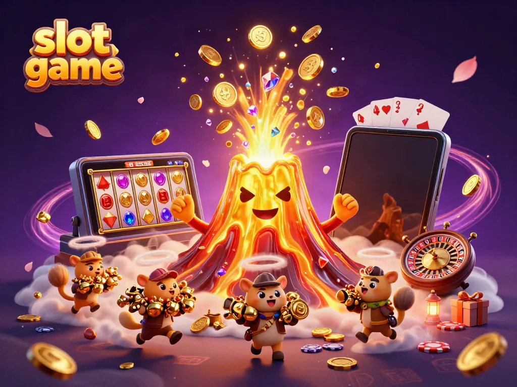 Experience an exhilarating slot game scene with a golden volcano, coins, and playful explorers.