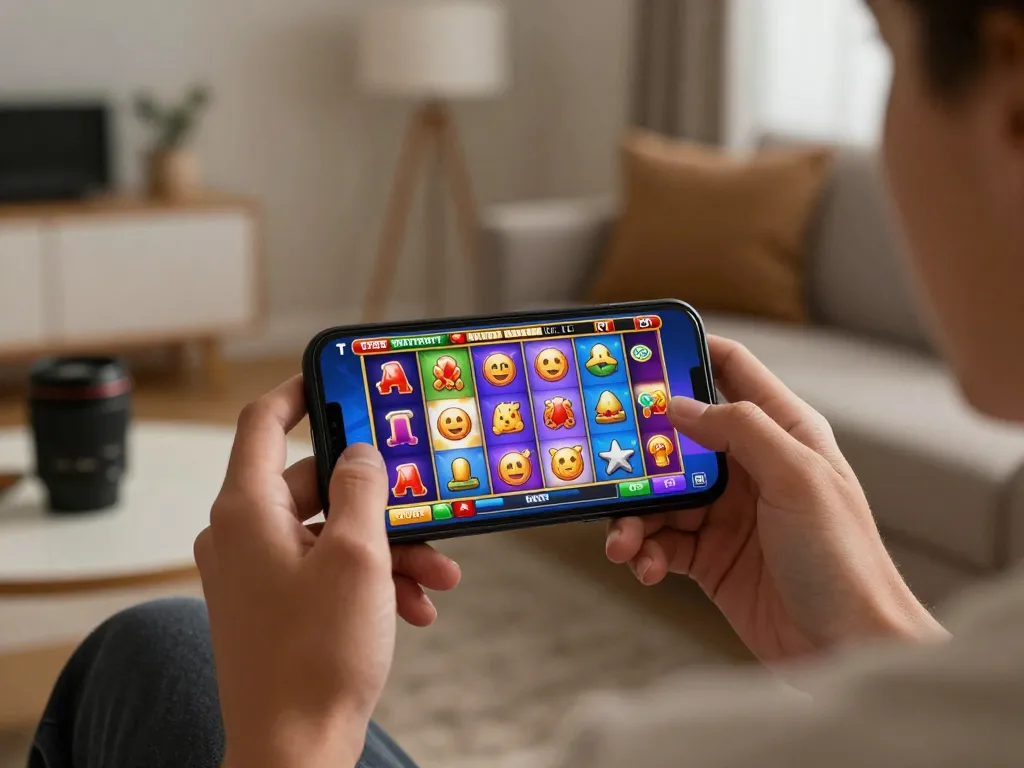 Enjoying the excitement of slot bonus new member 100 through a smartphone in a cozy home setting.