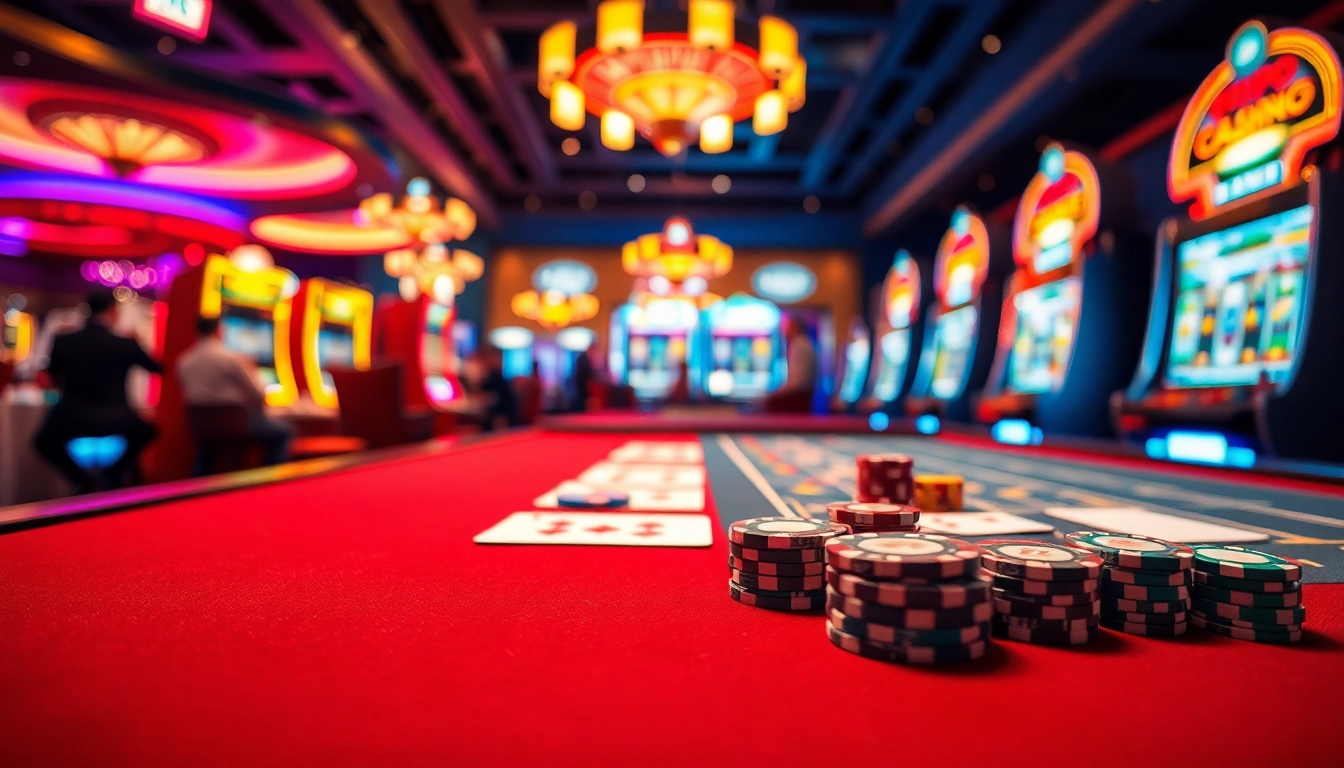 Erleben Sie den casino bonus ohne einzahlung neu in einer lebendigen Casino-Umgebung mit Spieltischen und Lichtern.