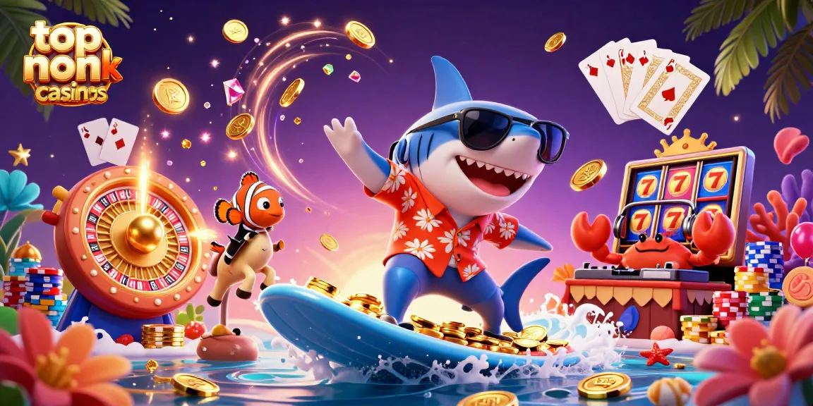Experience the excitement of top non uk casinos through this vibrant 3D casino scene filled with lively characters and casino elements.