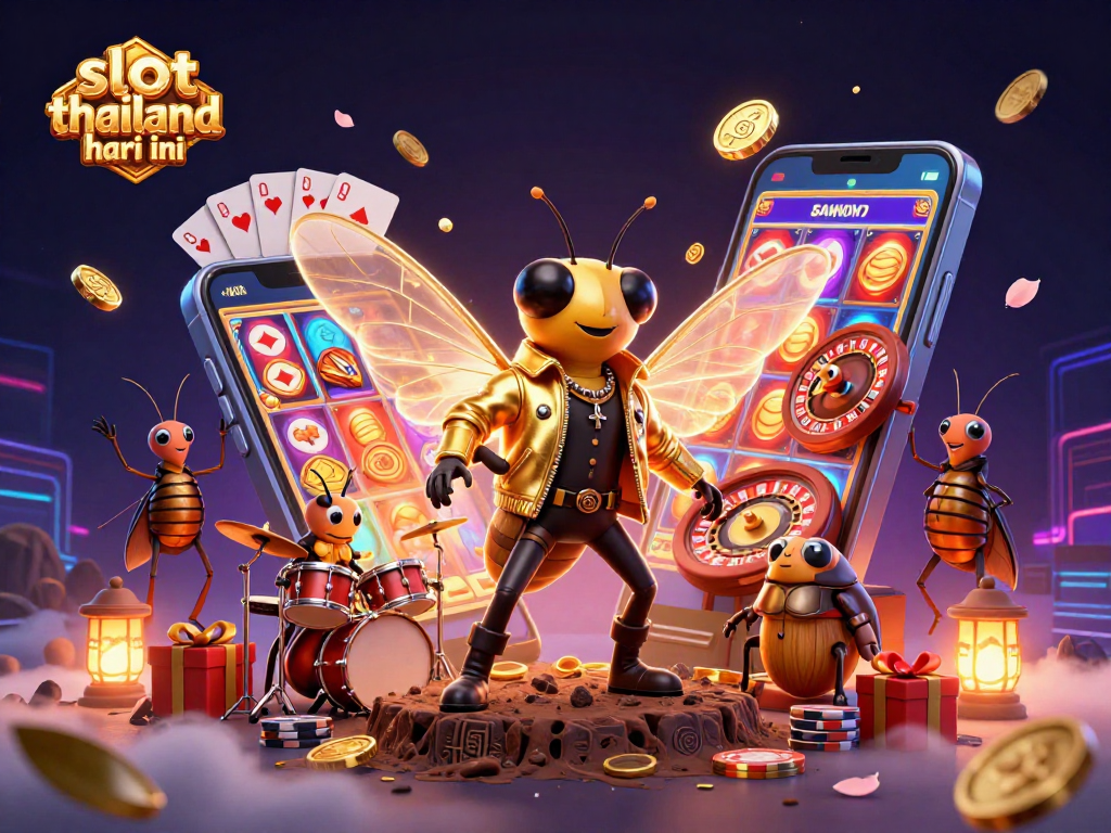 Engage in slot gacor thailand hari ini with a vibrant scene of a rock star cicada, a beetle drummer, and colorful casino elements.