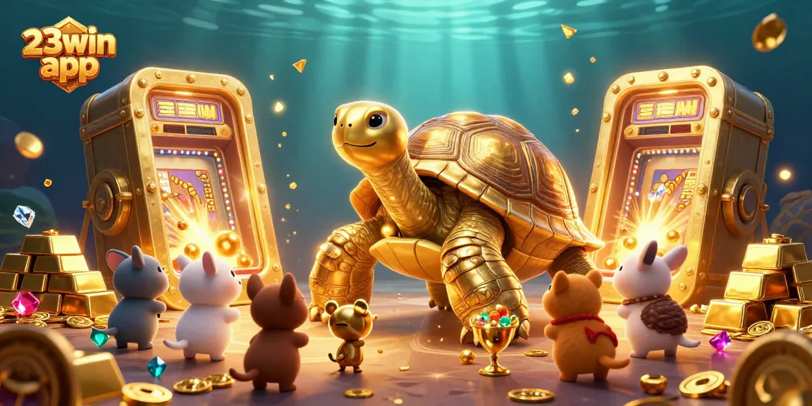 Engage with the 23win app in a rich, vibrant casino scene featuring playful elements and treasures.