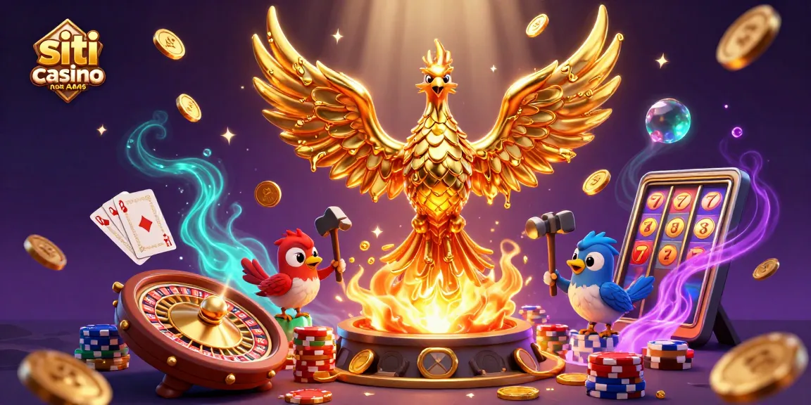 Gioca nei siti casino non AAMS con un'illustrazione 3D di un fenice dorato e simboli di gioco volanti.