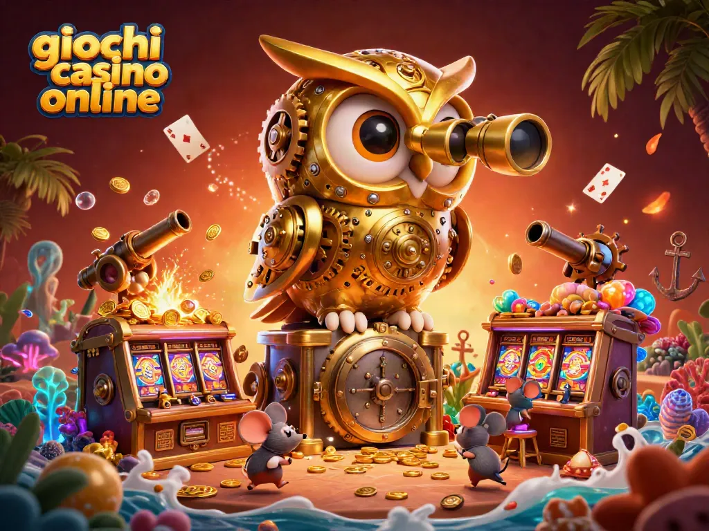 Giocando ai giochi casino online con emozionanti macchine e un gufo meccanico in un meraviglioso scenario.
