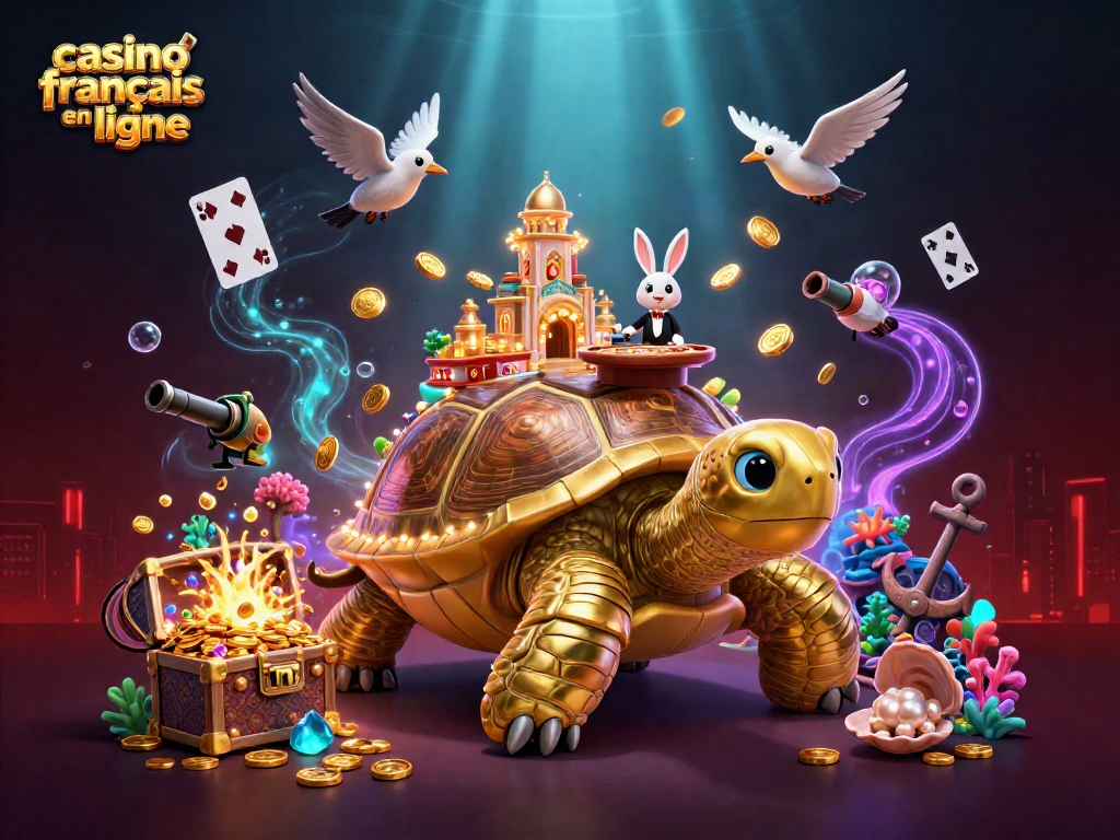 Gagnez au casino français en ligne avec une tortue dorée géante et des jetons flottants.