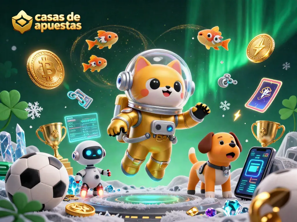 Disfruta de las casas de apuestas con una emocionante ilustración 3D de un gato astronauta y un perro robot.