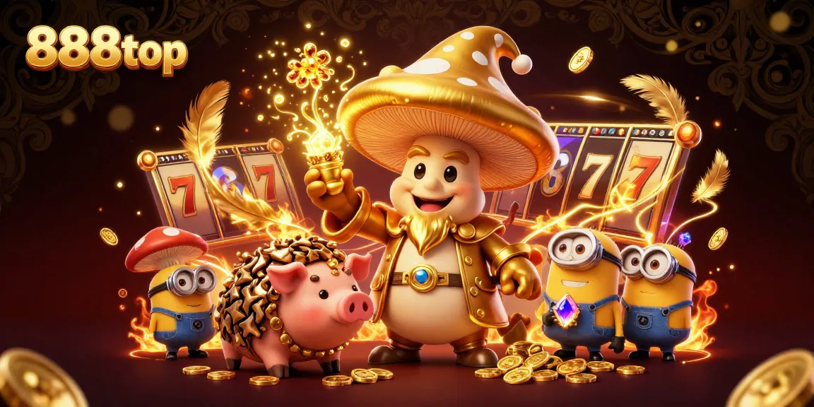 Spin to win at 888top with golden wizard characters and slot machines in a magical casino scene.