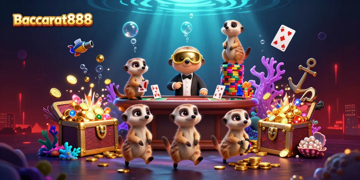 Experience Baccarat888 with meerkats running a vibrant casino, showcasing thrilling game action.