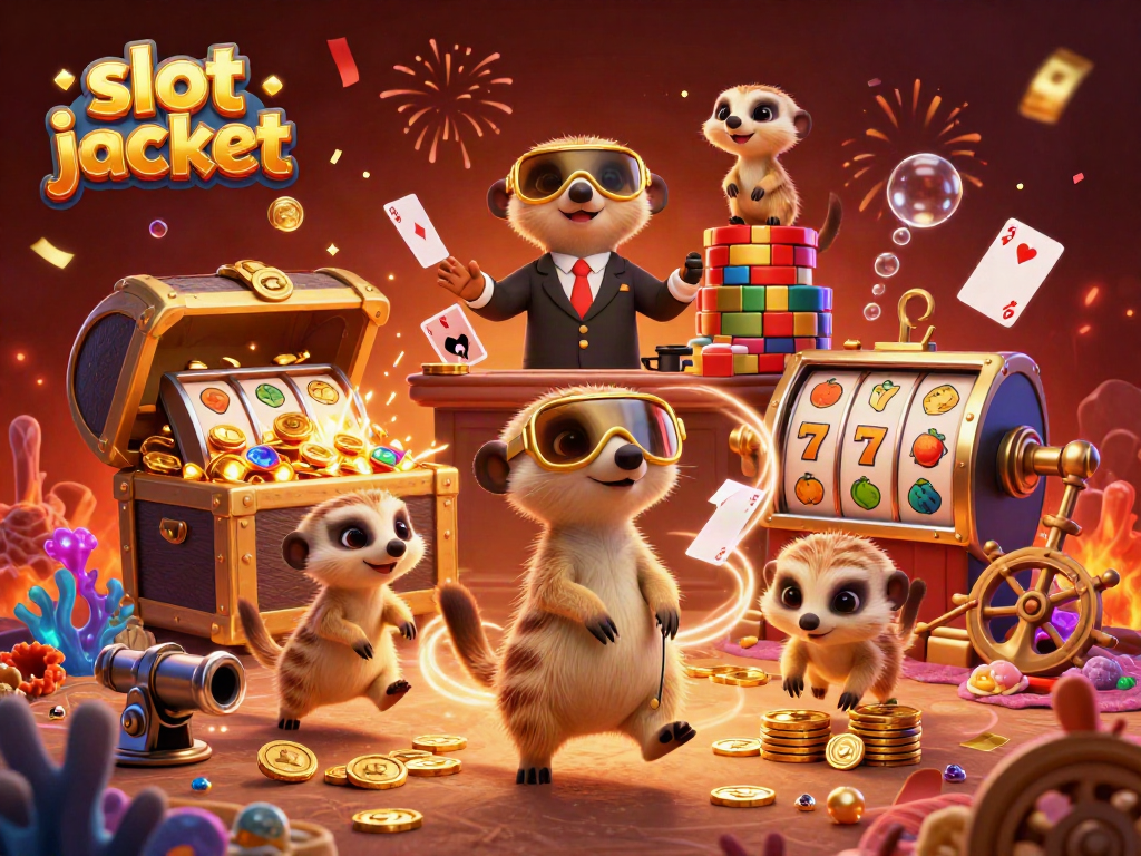 Experience the excitement of a slot jackpot as cartoon meerkats manage a vibrant casino scene.