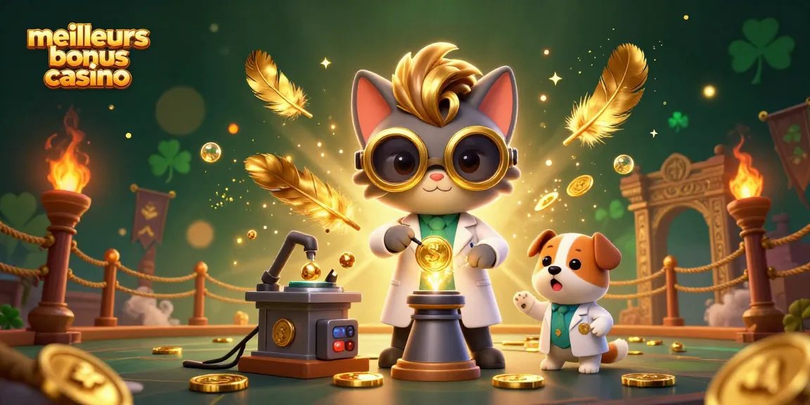 Découvrez les meilleurs bonus casino avec une illustration de scientifique fou et son assistant canin.