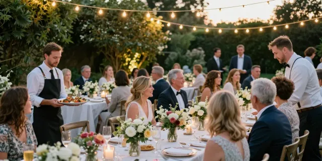 Event rentals elevate a memorable wedding reception outdoors, featuring elegant table settings and joyful guests.