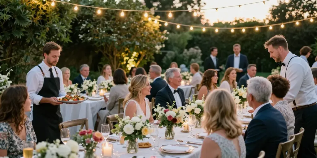 Event rentals elevate a memorable wedding reception outdoors, featuring elegant table settings and joyful guests.