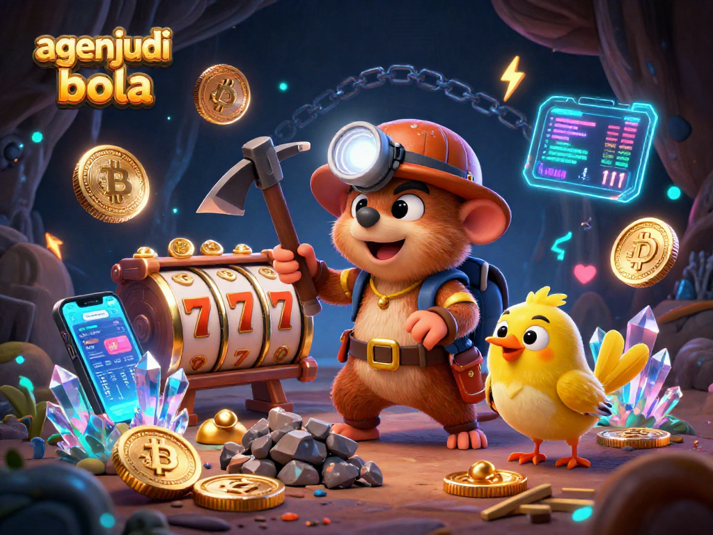 Experience the thrill of agen judi bola as a treasure hunter mole discovers gems amid vibrant slot reels and cryptocurrencies.