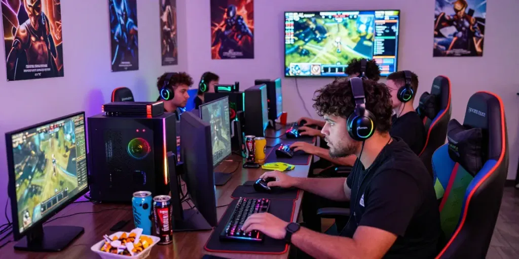 Gamers enjoying a competitive luxury333 session with vivid atmosphere and high-tech equipment.