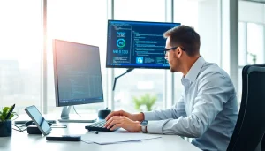 Showcasing PowerShell automation for IT compliance in a workspace with multiple screens and dashboards.