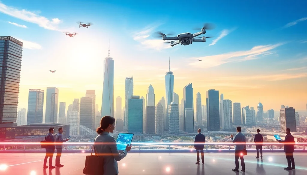 Showcasing Technology in a vibrant cityscape with futuristic elements and active engagement.