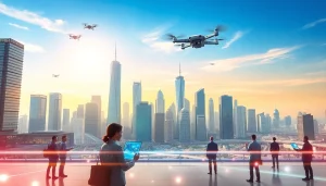 Showcasing Technology in a vibrant cityscape with futuristic elements and active engagement.