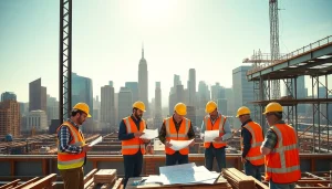 New York City General Contractor overseeing a dynamic construction site with professionals collaborating.