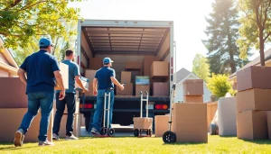 Efficient movers utilizing Toronto moving services to pack boxes into a truck, showcasing teamwork.