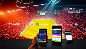 Discover the best online sportsbooks India displayed on various devices in an energetic sports setting.