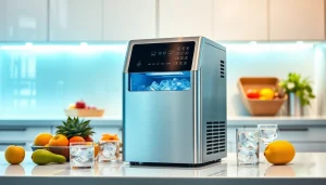 Ice maker producing fresh ice in a stylish kitchen setting for drinks.