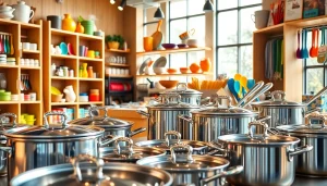 Cookware shop Auckland displaying a vibrant range of quality cooking tools and pots.