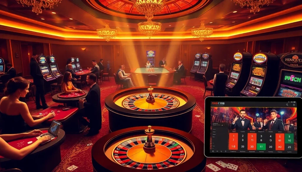 Experience F168 with an exciting casino scene featuring roulette, poker, and slot machines.