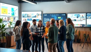 Creative team collaborating on edmonton web design projects in a vibrant office setting.