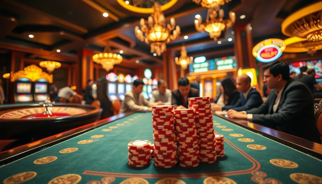 Babu88 casino table with exciting poker action and vibrant slot machines in a luxurious setting.