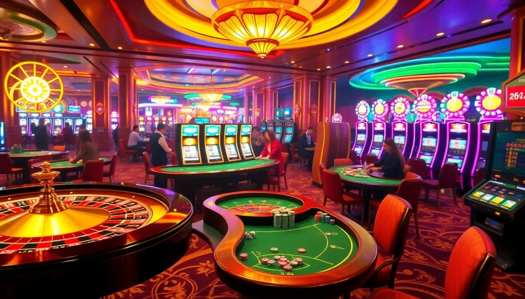 Experience the excitement at trang chủ nh88 with vibrant casino gaming visuals featuring roulette wheels and poker tables.