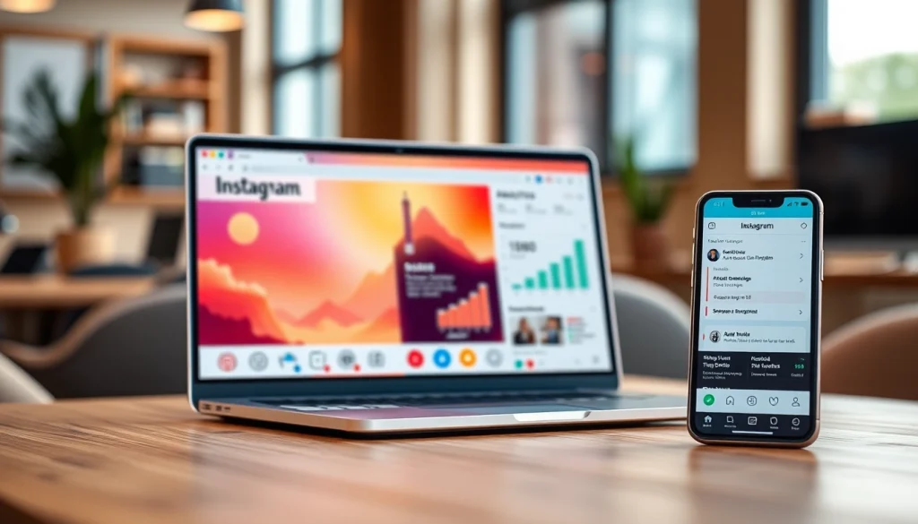 Showcasing an Instagram smm panel interface with analytics on a laptop in a modern office.