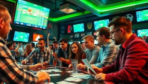 Engaged bettors enjoying sportsbooks in New Brunswick with vibrant atmosphere and live sports screens.