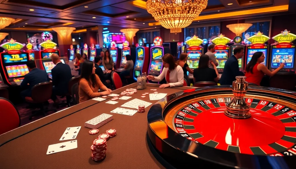 Exciting gambling scene highlighting 78win casino games with vibrant poker chips and illuminated slot machines.