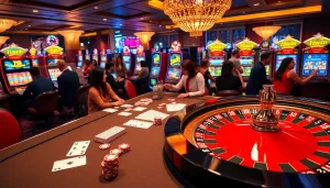 Exciting gambling scene highlighting 78win casino games with vibrant poker chips and illuminated slot machines.
