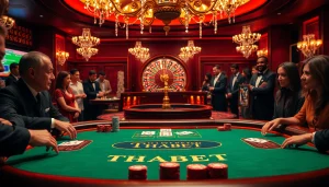 Experience high-stakes action at THABET's thrilling poker table surrounded by excitement.