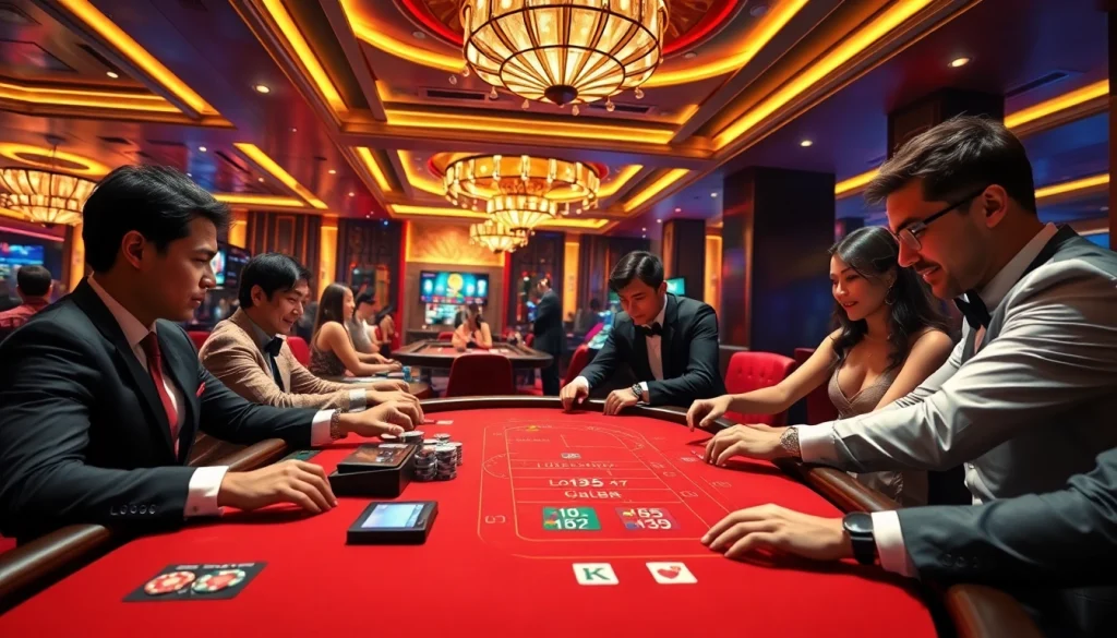 Exciting LC88 Vip casino gaming scene with elegant players and high-stakes tables.