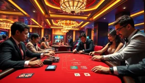Exciting LC88 Vip casino gaming scene with elegant players and high-stakes tables.