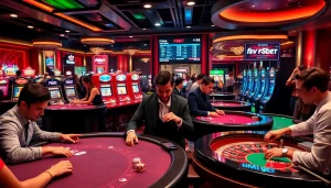 Engaged players enjoying an exciting gaming experience at F8bet casino with vibrant tables and slot machines.