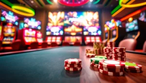 Menangkan permainan istana777 bet di meja kasino yang megah dengan lampu berwarna-warni.