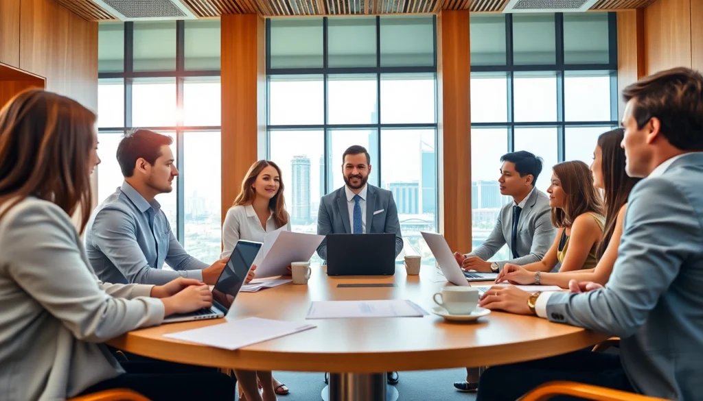 Business Consultants in Dubai collaborating with clients during a strategic meeting.