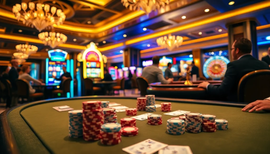 Experience the thrill of gambling at https://journal.unj.ac.id/ with poker chips and slot machines lighting up the scene.