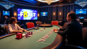 Intense poker gameplay at F8BET, showcasing vibrant chips and luxurious decor in a casino setting.