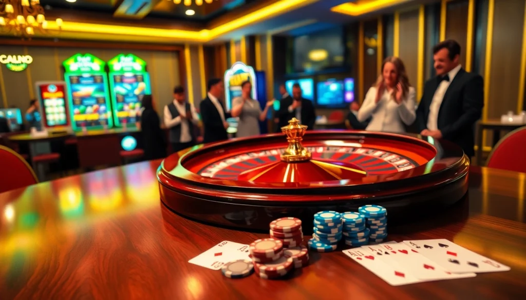 Players enjoying a thrilling gambling experience at trang chủ 88clb casino, featuring roulette and cards.