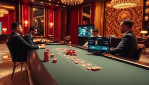Engaging scene of high-stakes poker with Bong da lu football odds displayed on screens.